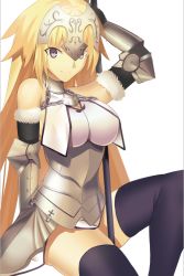 Rule 34 | 1girl, arm support, arm up, armor, black gloves, black thighhighs, blonde hair, breasts, breasts apart, elbow gloves, fate/apocrypha, fate (series), gloves, grey eyes, invisible chair, jeanne d&#039;arc (fate), jeanne d&#039;arc (ruler) (fate), jeanne d&#039;arc (third ascension) (fate), large breasts, long hair, looking at viewer, qiye yue, simple background, sitting, smile, solo, thighhighs, very long hair, white background