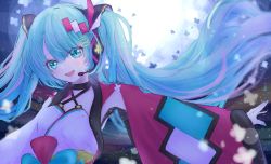 Rule 34 | 1girl, :d, armpit cutout, black choker, blue eyes, blue hair, blue nails, choker, clothing cutout, collarbone, criss-cross halter, floating hair, green eyes, hair between eyes, halterneck, hatsune miku, headphones, headset, heterochromia, highres, katorea, long hair, magical mirai miku, magical mirai miku (2020 summer), microphone, nail polish, open mouth, outstretched arm, smile, solo, twintails, very long hair, vocaloid