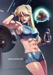 Rule 34 | 1girl, abs, barbell, biceps, blonde hair, blue eyes, crop top, eyelashes, hand on own head, highres, looking at another, mau mora, metroid, metroid (creature), muscular, muscular female, navel, nintendo, ponytail, samus aran, short shorts, shorts, smile, standing, stomach, sweat, thermos