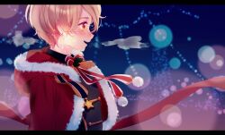 Rule 34 | 1boy, blue background, bow, brown eyes, capelet, christmas, ensemble stars!, facing to the side, hood, hood down, light brown hair, looking at viewer, male focus, mashiro tomoya, multicolored background, purple background, red capelet, rinndouk, santa costume, short hair, solo