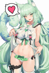 Rule 34 | 1girl, :d, absurdres, animal ears, aqua eyes, aqua hair, arknights, blush, breasts, frills, harmonie (arknights), heart, heart-shaped pupils, henz, highres, large breasts, long hair, looking at viewer, navel, open mouth, panties, simple background, smile, solo, spoken heart, symbol-shaped pupils, tail, thighhighs, underwear, very long hair, white background, white panties, white thighhighs