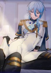 Rule 34 | 1boy, aiguillette, arm support, bed sheet, black footwear, black gloves, blue cape, blue eyes, blue hair, blush, bodysuit, boots, cape, closed mouth, covered navel, cropped jacket, edmond (nu carnival), embarrassed, epaulettes, gloves, hair between eyes, hair over shoulder, highres, indoors, lamp, light particles, long hair, long sleeves, looking away, low ponytail, male focus, nu carnival, on bed, ponytail, sash, shirt, shoulder sash, sideways glance, sitting, solo, sunlight, sweat, thigh boots, white bodysuit, white shirt, yokozuwari, zuix