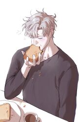 Rule 34 | 1boy, blush, bread, bread slice, closed eyes, cup, eating, food, holding, holding food, ilay riegrow, long sleeves, ma nya m, male focus, mug, passion (manhwa), plate, sandwich, short hair, simple background, solo, table, toast, white background, white hair
