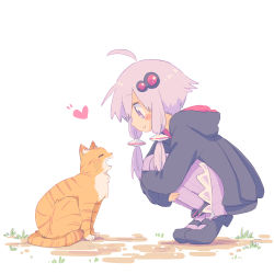 Rule 34 | 1girl, ahoge, animal, ayakashi (monkeypanch), black footwear, black jacket, blush stickers, cat, closed mouth, commentary request, dress, from side, full body, hair ornament, heart, highres, hood, hood down, hooded jacket, hugging own legs, jacket, long hair, long sleeves, looking at animal, looking away, profile, puffy long sleeves, puffy sleeves, purple dress, purple eyes, purple hair, purple legwear, ribbed legwear, shoes, sidelocks, sleeves past wrists, smile, solo, tiptoes, vocaloid, voiceroid, white background, yuzuki yukari