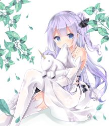 Rule 34 | 1girl, azur lane, bare shoulders, blue eyes, blunt bangs, collarbone, commentary request, covered mouth, covering own mouth, detached sleeves, dress, falling leaves, hair ribbon, halterneck, hugging doll, hugging object, kurun (kurun777), leaf, leg up, long hair, off-shoulder dress, off shoulder, one side up, purple hair, ribbon, sitting, solo, stuffed animal, stuffed toy, stuffed winged unicorn, thighhighs, unicorn, unicorn (azur lane), very long hair, wavy hair, white background, white dress, white thighhighs