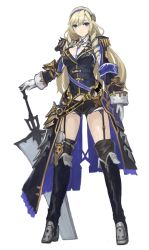 Rule 34 | 1girl, armband, armor, armored boots, belt, belt skirt, between breasts, black footwear, black shorts, black skirt, black socks, blazer, blonde hair, blue eyes, blue skirt, boots, breasts, closed mouth, drill hair, drill sidelocks, epaulettes, eyebrows, faulds, frilled skirt, frills, frown, full body, garter straps, gloves, greaves, hair between eyes, hairband, hand on hilt, highres, hip focus, huge weapon, jacket, knee boots, kneehighs, lace, large breasts, legs apart, long hair, louenhide ariarhod, midriff peek, military, military uniform, mole, mole under eye, navel, o-ring, official art, pauldrons, planted, planted sword, planted weapon, serious, short shorts, shorts, shoulder armor, showgirl skirt, sidelocks, skirt, sleeve cuffs, socks, solo, standing, sword, thigh boots, thighhighs, transparent background, uniform, vambraces, very long hair, weapon, white gloves, yoru no nai kuni, yoru no nai kuni 2, yoshiku (oden-usagi)