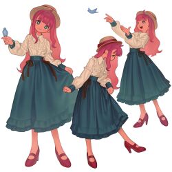 Rule 34 | 1girl, ahoge, aqua eyes, bird, bird on hand, blunt bangs, boater hat, bright pupils, buttons, clenched hand, dot nose, dress, facing viewer, frilled shirt, frilled skirt, frills, full body, hat, hat ribbon, head tilt, high heels, highres, long hair, long skirt, long sleeves, looking at viewer, multiple views, myunazzang, open hand, original, outstretched hand, pink ribbon, puffy long sleeves, puffy sleeves, red footwear, red ribbon, ribbon, shirt, sidelocks, simple background, skirt, sleeve cuffs, smile, standing, standing on one leg, straight-on, teeth, upper teeth only, white background, white pupils, white shirt, wing collar, yellow hat
