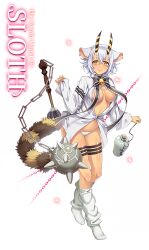 Rule 34 | 1girl, animal ears, bell, belphegor (sin nanatsu no taizai), belphegor (the seven deadly sins), breasts, demon girl, fang, food, highres, horns, indian style, loose socks, medium breasts, navel, nearly naked shirt, no pants, official art, one eye closed, open clothes, open mouth, open shirt, orange eyes, panties, shirt, sin nanatsu no taizai, sitting, socks, solo, tail, the seven deadly sins, underboob, underwear, weapon, white hair, wince, wink, yawning