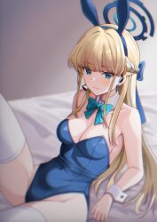 Rule 34 | 1girl, absurdres, animal ears, bed sheet, blonde hair, blue archive, blue eyes, blue halo, blue leotard, blush, clenched teeth, detached collar, detached sleeves, fake animal ears, halo, highres, leotard, looking at viewer, playboy bunny, rabbit ears, solo, t.r, teeth, thighhighs, toki (blue archive), toki (bunny) (blue archive), white thighhighs