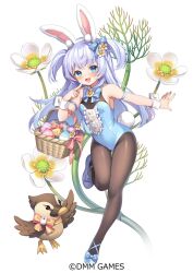 Rule 34 | 1girl, animal ears, basket, bird, black pantyhose, blue eyes, blue hair, blue leotard, blue ribbon, dmm, easter egg, egg, fake animal ears, fake tail, hair ribbon, highres, holding, holding basket, leotard, long hair, looking at viewer, official art, open mouth, pantyhose, playboy bunny, rabbit ears, rabbit tail, ribbon, shoes, short twintails, shouni (sato3), smile, solo, standing, standing on one leg, tail, twintails, wrist cuffs