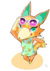 Rule 34 | 1girl, animal crossing, animal ears, audie (animal crossing), bad id, bad pixiv id, eyewear on head, furry, furry female, green eyes, nintendo, solo, sunglasses, tail, tongue, tongue out, wasabi shachi, white background, wolf, wolf ears, wolf tail
