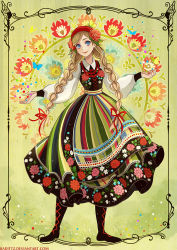 Rule 34 | 1girl, artist name, black footwear, blonde hair, blue eyes, boots, braid, cross-laced footwear, dress, floral background, flower, full body, hair flower, hair ornament, highres, long hair, long sleeves, multicolored clothes, multicolored dress, original, polish clothes, radittz, slavic clothes, solo, twin braids, very long hair, watermark, web address