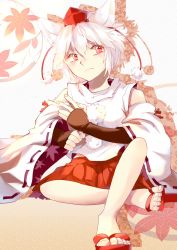 Rule 34 | 1girl, animal ears, bare shoulders, blush, detached sleeves, feet, fingerless gloves, geta, gloves, hat, highres, inubashiri momiji, leaf, long sleeves, looking away, pom pom (clothes), red eyes, ribbon-trimmed sleeves, ribbon trim, short hair, siam (meow13), silver hair, sitting, solo, tokin hat, touhou, wolf ears