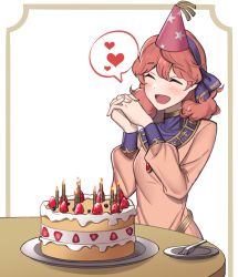 Rule 34 | 1girl, birthday cake, blush, border, breasts, cake, candle, dress, ebinku, closed eyes, fire emblem, fire emblem echoes: shadows of valentia, food, fork, fruit, genny (fire emblem), hairband, hat, heart, highres, jewelry, long sleeves, medium hair, necklace, nintendo, open mouth, own hands clasped, own hands together, party hat, pendant, pink dress, pink hair, plate, simple background, small breasts, smile, solo, spoken heart, strawberry, table, white background