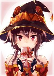 Rule 34 | 10s, 1girl, absurdres, bare shoulders, black hair, blush, box, commentary request, dress, fingerless gloves, gift, gift box, gloves, hat, highres, holding, holding gift, kazasuzu, kono subarashii sekai ni shukufuku wo!, looking at viewer, megumin, red dress, red eyes, short hair, smile, solo, valentine, witch hat
