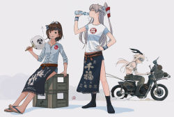 Rule 34 | 3girls, alternate costume, amatsukaze (kancolle), artist logo, barefoot, beamed eighth notes, black footwear, black panties, black pants, blonde hair, blouse, blue sailor collar, boots, bottle, brown eyes, brown hair, buttons, clenched teeth, closed eyes, closed mouth, clothes writing, crop top, dated, drinking, driving, eighth note, elbow gloves, full body, gloves, goggles, grey background, hair tubes, hairband, hand fan, hand on own hip, highleg, highleg panties, highres, holding, holding bottle, holding fan, i-401 (kancolle), kantai collection, kokudou juunigou, long hair, looking at viewer, mitsudomoe (shape), motor vehicle, motorcycle, multiple girls, musical note, panties, pants, paper fan, ponytail, ramune, rensouhou-chan, sailor collar, shadow, shimakaze (kancolle), shirt, short hair, short sleeves, silver hair, simple background, sitting, smoke, standing, teeth, tomoe (symbol), two side up, uchiwa, underwear, white gloves, white shirt