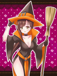 Rule 34 | 1girl, alternate costume, black gloves, breasts, broom, brown hair, cleavage, gakkou gurashi!, gloves, halloween, hat, highres, holding, holding broom, large breasts, leaning forward, looking at viewer, ma tsukasa, mole, mole under eye, smile, solo, wakasa yuuri, witch, witch hat, yellow eyes