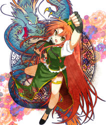Rule 34 | 1girl, black gloves, braid, chinese clothes, claws, clenched hand, clenched hands, dragon, embellished costume, fangs, female focus, fighting stance, fingerless gloves, floral background, floral print, flower, gloves, green eyes, hair ribbon, hat, highres, hong meiling, horns, legband, long hair, mise yuzuki, open mouth, raised fist, red hair, ribbon, shirt, skirt, skirt set, solo, star (symbol), tassel, thigh strap, touhou, twin braids, very long hair, vest
