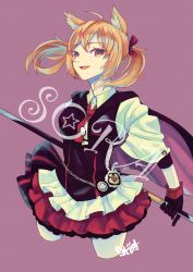 Rule 34 | 1girl, ahoge, animal ears, arknights, black dress, black gloves, blonde hair, bow, breasts, brooch, cape, character name, collared shirt, commentary, cowboy shot, dress, frilled skirt, frills, gloves, hair between eyes, hair bow, highres, holding, holding weapon, jewelry, long hair, long neck, looking at viewer, neck, necktie, orange eyes, pale skin, parted lips, peppsi (saba sabasuk0), pink background, pleated skirt, purple cape, red bow, red eyes, red gloves, red necktie, red skirt, shirt, signature, skirt, small breasts, sora (arknights), staff, standing, twintails, weapon, weapon behind back, white legwear, white shirt, white skirt, wing collar, wolf ears