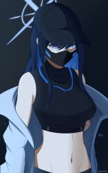 Rule 34 | 1girl, absurdres, bare shoulders, baseball cap, black background, black hat, blue archive, blue eyes, blue hair, breasts, coat, commentary request, crop top, hair between eyes, hat, highres, large breasts, long hair, looking at viewer, mask, midriff, mouth mask, navel, off shoulder, open clothes, open coat, saori (blue archive), shirt, simple background, sleeveless, sleeveless shirt, solo, stomach, upper body, white coat, zeralinz