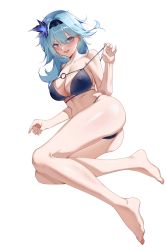 Rule 34 | 1girl, :d, absurdres, ass, bad id, bad mihuashi id, bare arms, bare legs, bare shoulders, barefoot, bikini, black hairband, blue bikini, blue eyes, blue hair, blush, breasts, collarbone, earrings, eula (genshin impact), genshin impact, hair ornament, hairband, highres, jewelry, large breasts, long hair, looking at viewer, lying, o-ring, o-ring bikini, on side, open mouth, pulled by self, simple background, smile, solo, stomach, strap pull, stud earrings, swimsuit, thighs, white background, yiran