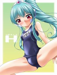 Rule 34 | 00s, 1girl, blush, character name, drill hair, galaxy angel, green hair, headgear, high ponytail, long hair, looking at viewer, non-web source, one-piece swimsuit, ponytail, red eyes, school swimsuit, simple background, solo, spread legs, swimsuit, thighs, vanilla h