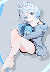Rule 34 | 1girl, barefoot, black camisole, black shorts, blue eyes, blue hair, blue jacket, bow, camisole, commentary, full body, furina (genshin impact), genshin impact, grey background, grey hair, hair between eyes, hood, hood down, hooded jacket, jacket, looking at viewer, multicolored hair, open clothes, open jacket, parted lips, shirogane hina, short shorts, shorts, solo, streaked hair, striped, striped bow