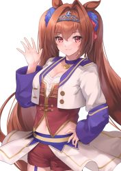 Rule 34 | 1girl, animal ears, blush, breasts, brown hair, choker, cleavage, commentary request, corset, daiwa scarlet (umamusume), hair between eyes, hair intakes, highres, horse ears, horse girl, long hair, looking at viewer, midriff, navel, pepeo, purple choker, purple garter straps, red corset, red eyes, red shorts, shorts, simple background, smile, solo, starting future (umamusume), twintails, umamusume, very long hair, waist cape, white background