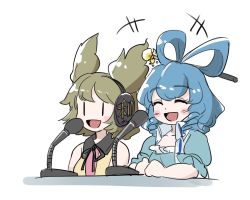 Rule 34 | +++, 2girls, :d, ^ ^, blue dress, blue hair, brown hair, closed eyes, cropped torso, dress, earmuffs, closed eyes, hair ornament, hair rings, hair stick, hat, itatatata, kaku seiga, multiple girls, open clothes, open mouth, open vest, pointy hair, puffy short sleeves, puffy sleeves, shawl, short hair, short sleeves, smile, touhou, toyosatomimi no miko, upper body, vest, white vest, | |