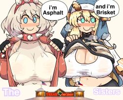 Rule 34 | 2girls, alternate breast size, belly, bike shorts, black gloves, blonde hair, blue eyes, blue hoodie, blue jacket, blush, bra, breasts, bridget (guilty gear), cleavage, clothes lift, collarbone, covered erect nipples, elphelt valentine, fingerless gloves, genderswap, genderswap (mtf), gloves, guilty gear, guilty gear strive, hair ornament, hood, hood up, hooded jacket, hoodie, jacket, large breasts, long sleeves, looking at viewer, multiple girls, navel, nose blush, notnoe (dxcl), open clothes, shirt, shirt lift, short hair, simple background, smile, sports bra, steaming body, stomach, sweat, underwear, upper body, white background, white bra, white hair, white shirt, white sports bra
