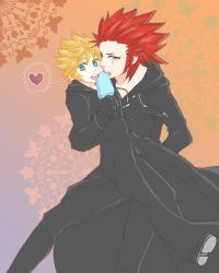 Rule 34 | 2boys, age difference, artist request, axel, blush, gradient background, kingdom hearts, male focus, multiple boys, roxas, size difference, tagme, yaoi