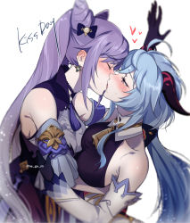 Rule 34 | 2girls, ahoge, arm up, bare shoulders, black gloves, blue hair, blush, breasts, closed mouth, cone hair bun, detached sleeves, dress, earrings, english text, french kiss, ganyu (genshin impact), genshin impact, gloves, goat horns, hair between eyes, hair bun, holding another&#039;s arm, horns, jewelry, keqing (genshin impact), kiss, kiss day, large breasts, long hair, long sleeves, looking at another, multiple girls, negom, purple dress, purple hair, twintails, upper body, very long hair, white background, yuri
