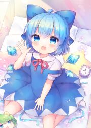 Rule 34 | 1girl, ahoge, alarm clock, blue bow, blue dress, blue eyes, blue hair, blush, bow, cirno, clock, coa (chroo x), commentary request, daiyousei, detached wings, dress, fairy, hair between eyes, hair bow, heart, heart-shaped pillow, highres, ice, ice wings, on bed, open mouth, pillow, pinafore dress, puffy short sleeves, puffy sleeves, shirt, short hair, short sleeves, sitting, sleeveless, sleeveless dress, smile, socks, solo, star-shaped pillow, touhou, white shirt, white socks, wings