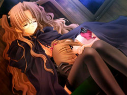 Rule 34 | 00s, 2girls, age difference, black gloves, black legwear, breasts, brown hair, carnelian, child, choker, cleavage, dutch angle, game cg, glasses, gloves, hair ribbon, half-closed eyes, indoors, lace, lap pillow, large breasts, long hair, lying, multiple girls, night, on stomach, parted bangs, red eyes, ribbon, rimless eyewear, ritsuko (yamibou), robe, short hair, short sleeves, short twintails, sitting, thighhighs, twintails, two side up, very long hair, window, yami to boushi to hon no tabibito