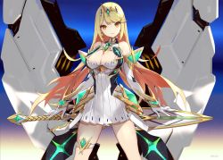 Rule 34 | 1girl, blue background, breasts, cleavage cutout, closed mouth, clothing cutout, detached sleeves, dress, gloves, gradient background, highres, kiwamu, large breasts, long hair, looking at viewer, mythra (xenoblade), nintendo, simple background, smile, solo, standing, thigh strap, xenoblade chronicles (series), xenoblade chronicles 2