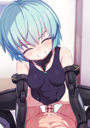 Rule 34 | 1boy, 1girl, afterimage, arm support, bar censor, blue hair, breasts, censored, closed eyes, clothed female nude male, clothed sex, clothing aside, commission, cum, cum in pussy, frame arms girl, girl on top, grin, head tilt, hetero, highres, hresvelgr, joints, lolicom, medium breasts, nude, one-piece swimsuit, penis, pov, pussy, robot joints, sex, short hair, smile, squatting, squatting cowgirl position, swimsuit, swimsuit aside, vaginal