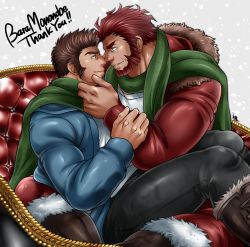 Rule 34 | 2boys, absurdres, alternate costume, alternate skin color, arm grab, bara, beard, blue eyes, blue jacket, boots, brown hair, christmas, commission, couple, dark-skinned male, dark skin, eye contact, facial hair, fate/grand order, fate (series), fur-trimmed jacket, fur trim, goatee, green scarf, hand on another&#039;s face, highres, hood, hooded jacket, imminent kiss, iskandar (fate), jacket, knee boots, leather, leather boots, leather pants, long sideburns, looking at another, male focus, mature male, multiple boys, muscular, muscular male, napoleon bonaparte (fate), noses touching, pants, red eyes, red hair, red jacket, scarf, second-party source, shared clothes, shared scarf, shirt, short hair, sideburns, sitting, sitting on lap, sitting on person, skeb commission, smile, spread legs, sunfight0201, thick thighs, thighs, white shirt, yaoi