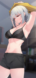 Rule 34 | 1girl, absurdres, armpits, black bra, black shorts, blurry, blurry background, bookshelf, bra, breasts, clothes lift, cowboy shot, grey hair, hair between eyes, highres, indoors, jjune, large breasts, looking away, looking down, navel, original, parted lips, red eyes, shirt, shirt lift, short hair, short shorts, shorts, solo, standing, stomach, underwear, undressing, yellow shirt