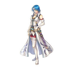 Rule 34 | 1girl, blue eyes, blue hair, boots, breasts, cleavage, elbow gloves, fingerless gloves, fire emblem, fire emblem: radiant dawn, fire emblem heroes, gloves, hair over one eye, hand on sheath, jewelry, leggings, looking at viewer, lucia (fire emblem), medium breasts, necklace, nintendo, sheath, short hair, smile, solo, sword, thigh boots, waistcoat, weapon, white footwear