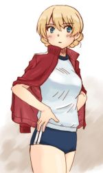 Rule 34 | 10s, 1girl, blonde hair, blue buruma, blue eyes, braid, buruma, commentary request, darjeeling (girls und panzer), double vertical stripe, girls und panzer, gym shirt, gym uniform, hands on own hips, jacket, jacket on shoulders, long sleeves, looking at viewer, parted lips, red jacket, shirt, short hair, solo, standing, track jacket, twin braids, uona telepin, white background, white shirt