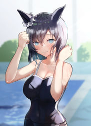 Rule 34 | 1girl, animal ears, bare arms, bare shoulders, black hair, black one-piece swimsuit, blue eyes, blurry, blurry background, blush, breasts, cleavage, closed mouth, collarbone, commentary request, competition school swimsuit, covered navel, cowboy shot, day, depth of field, ear ornament, eishin flash (umamusume), hair between eyes, hands up, highres, horse ears, large breasts, looking at viewer, one-piece swimsuit, outdoors, pool, school swimsuit, short hair, smile, solo, solokitsune, swimsuit, umamusume, wet