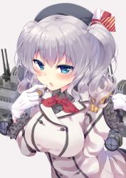 Rule 34 | 10s, 1girl, blue eyes, breasts, chestnut mouth, epaulettes, female focus, highres, irone (miyamiya38), kantai collection, kashima (kancolle), large breasts, long hair, machinery, silver hair, solo, turret, twintails, uniform, wavy hair