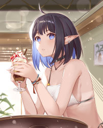 Rule 34 | 1girl, absurdres, ahoge, arknights, backlighting, bare shoulders, bikini, black choker, blue eyes, blue hair, blush, choker, collarbone, commentary request, day, ear piercing, eunectes (arknights), food, food on face, fruit, highres, holding, ice cream, indoors, jewelry, lens flare, looking at viewer, momosawa nao, multicolored hair, necklace, parted lips, piercing, pointy ears, short hair, solo, strawberry, sundae, sunlight, swimsuit, table, tan, tanline, two-tone hair, upper body, white bikini, wristband