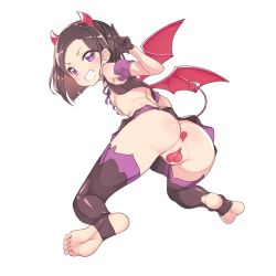 Rule 34 | 1girl, all fours, ass, baakurou, bare shoulders, bat wings, black gloves, black hair, black thighhighs, blush, breasts, cleft of venus, commentary request, covered erect nipples, demon girl, demon horns, demon tail, demon wings, feet, fudou devi, full body, gloves, grin, heart, heart pasties, highres, horns, kiratto pri chan, looking at viewer, looking back, maebari, no shoes, pasties, pretty series, purple eyes, revealing clothes, short hair, small breasts, smile, soles, solo, sweat, tail, thighhighs, toeless legwear, toes, v, white background, wings