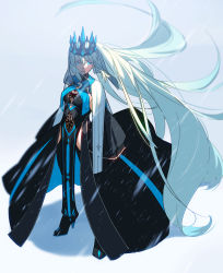 Rule 34 | 1girl, absurdly long hair, black dress, blue eyes, blue lips, braid, breasts, chietori, crown, dress, fate/grand order, fate (series), full body, hair between eyes, high heels, highres, lipstick, long hair, looking at viewer, makeup, medium breasts, morgan le fay (fate), morgan le fay (queen of winter) (fate), official alternate costume, ponytail, silver hair, simple background, solo, thighhighs, veil, very long hair, wide sleeves