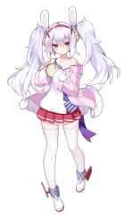 Rule 34 | 1girl, absurdres, animal ears, azur lane, blush, closed mouth, fake animal ears, full body, hair between eyes, hairband, highres, holding, jacket, laffey (azur lane), light purple hair, long hair, long sleeves, looking at viewer, off shoulder, open clothes, open jacket, pink jacket, pleated skirt, rabbit ears, red eyes, red hairband, red skirt, searchlight, sela (08180074), simple background, skirt, solo, standing, strap slip, thighhighs, twintails, white background, white thighhighs, zettai ryouiki