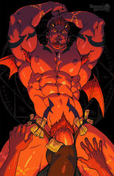 Rule 34 | 1boy, abs, absurdres, arm tattoo, armpit hair, armpits, banknote, bara, beard, biceps, black background, chest tattoo, covered erect nipples, dancing, dark, demon boy, demon horns, demon wings, drooling, ear piercing, earrings, facial hair, feet out of frame, highres, horns, jewelry, large pectorals, logo, male focus, male underwear, manly, mature male, money, muscular, muscular male, nipples, original, pectorals, penis, penis peek, piercing, pointy ears, pubic hair, red hair, redgart, runes, saliva, saliva trail, samael (redgart), simple background, smile, solo, spiked hair, stomach tattoo, tattoo, thick arms, thick eyebrows, thick thighs, thighs, tongue, tongue out, underwear, wings