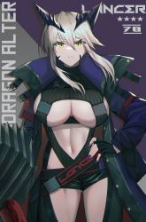 Rule 34 | 1girl, absurdres, artoria pendragon (fate), artoria pendragon (lancer alter) (fate), belt, black gloves, black shorts, blonde hair, blue jacket, braid, breasts, character name, dolce (dolsuke), fate/grand order, fate (series), fingerless gloves, french braid, gloves, hair between eyes, highres, horns, jacket, lance, large breasts, long hair, long sleeves, looking at viewer, navel, polearm, short shorts, shorts, sidelocks, solo, thighs, underboob, weapon, yellow eyes