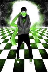 Rule 34 | 1boy, black pants, converse, full body, green eyes, green scarf, hands in pockets, highres, jacket, male focus, muramasasama, neon green, pants, scarf, solo, standing