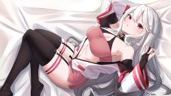 Rule 34 | 1girl, absurdres, armpits, bed sheet, black gloves, black thighhighs, blanket, bridal gauntlets, commentary, elbow gloves, garter straps, gloves, hair between eyes, halterneck, highres, horns, indie virtual youtuber, logo, long hair, looking at viewer, lying, mizuz, on back, on bed, over-kneehighs, partially fingerless gloves, pink shorts, red eyes, short shorts, shorts, signature, skindentation, solo, steeb, thigh strap, thighhighs, thighs, virtual youtuber, white hair